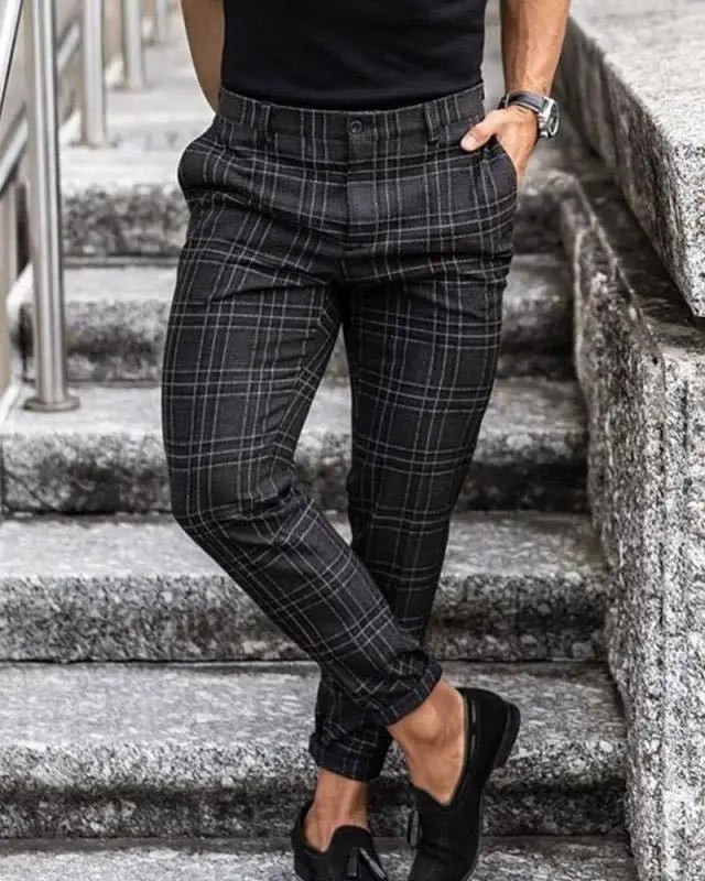 Suit Pant Men Long Pants Plaid Mid Waist Simple Slim Fit Zipper Splice Casual Regular Autumn Winter 2024 Straight Trousers - Namma Angadi