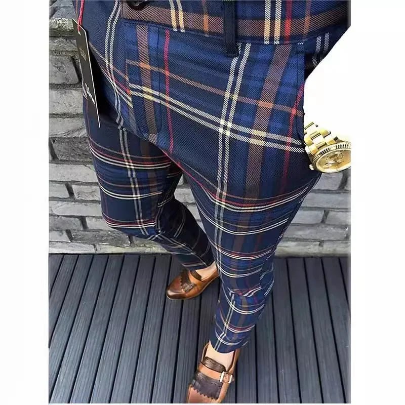 Suit Pant Men Long Pants Plaid Mid Waist Simple Slim Fit Zipper Splice Casual Regular Autumn Winter 2024 Straight Trousers - Namma Angadi