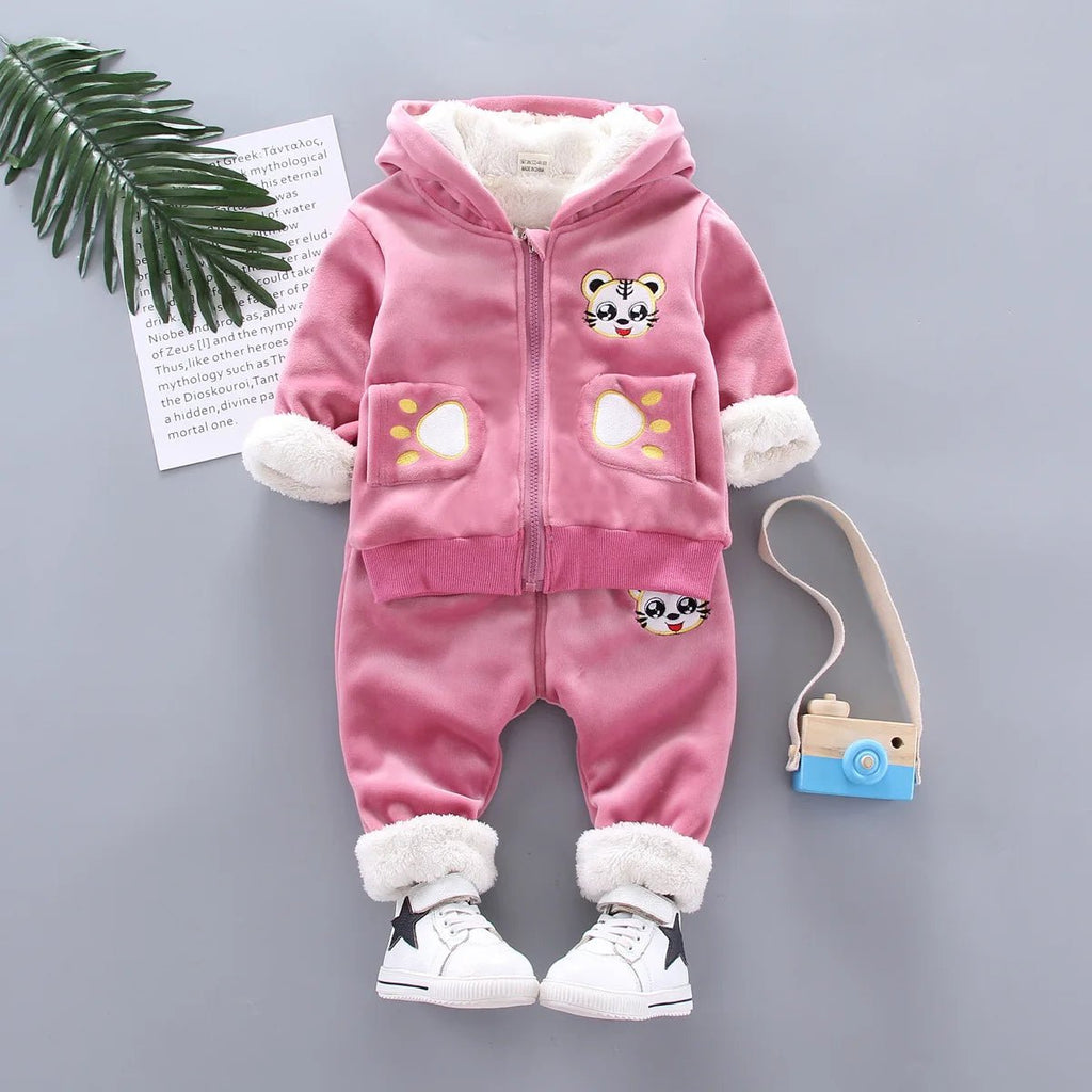 Warm Baby Girls Clothing Set Winter Thick Plush Cotton Clothing Sets For Baby Girls Hoodies And Pants Kids Suit Children Clothes - Namma Angadi