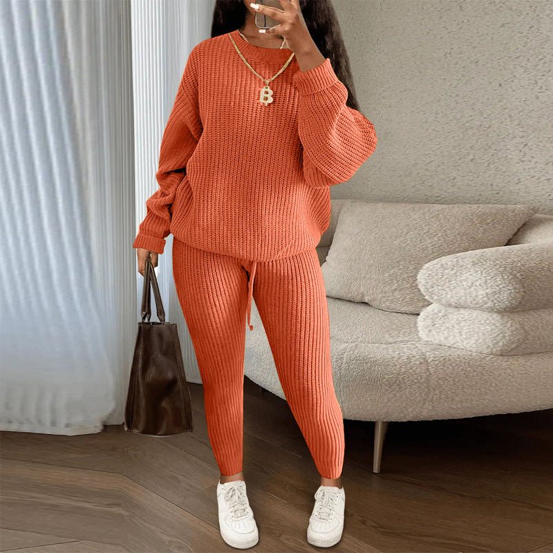 Winter Ribbed Knit Suits Fashion Loose Pullover Sweater Top And Drawstring Pants For Women Trouser Set Clothing - Namma Angadi