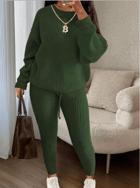 Winter Ribbed Knit Suits Fashion Loose Pullover Sweater Top And Drawstring Pants For Women Trouser Set Clothing - Namma Angadi