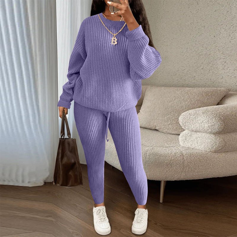 Winter Ribbed Knit Suits Fashion Loose Pullover Sweater Top And Drawstring Pants For Women Trouser Set Clothing - Namma Angadi
