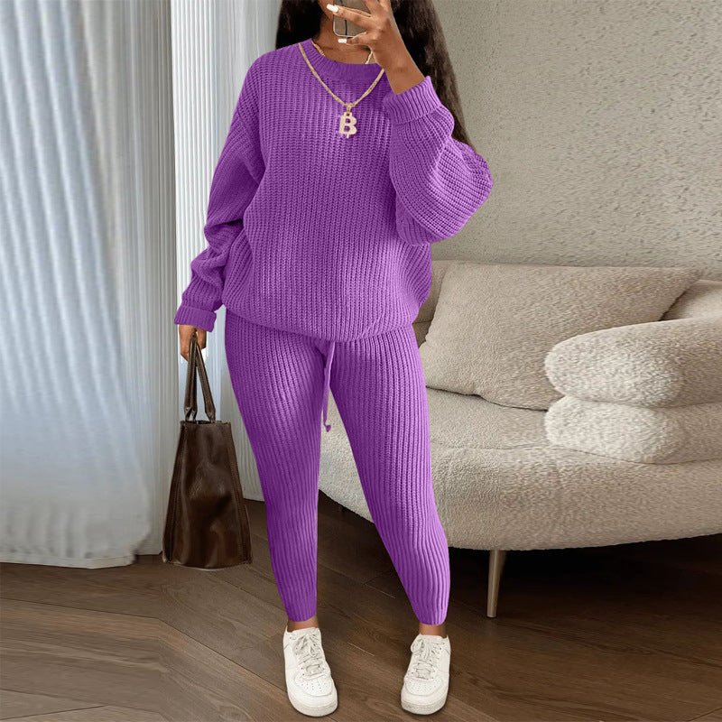 Winter Ribbed Knit Suits Fashion Loose Pullover Sweater Top And Drawstring Pants For Women Trouser Set Clothing - Namma Angadi