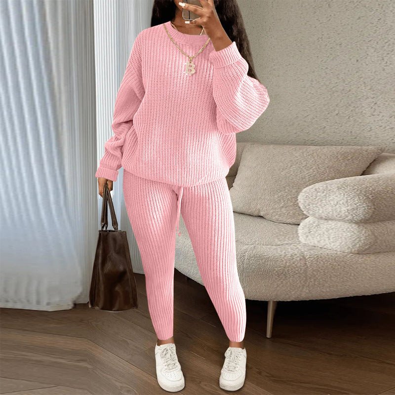 Winter Ribbed Knit Suits Fashion Loose Pullover Sweater Top And Drawstring Pants For Women Trouser Set Clothing - Namma Angadi