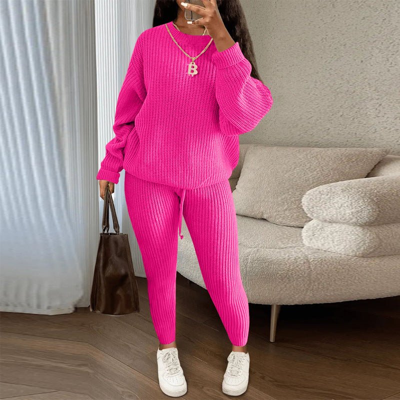 Winter Ribbed Knit Suits Fashion Loose Pullover Sweater Top And Drawstring Pants For Women Trouser Set Clothing - Namma Angadi