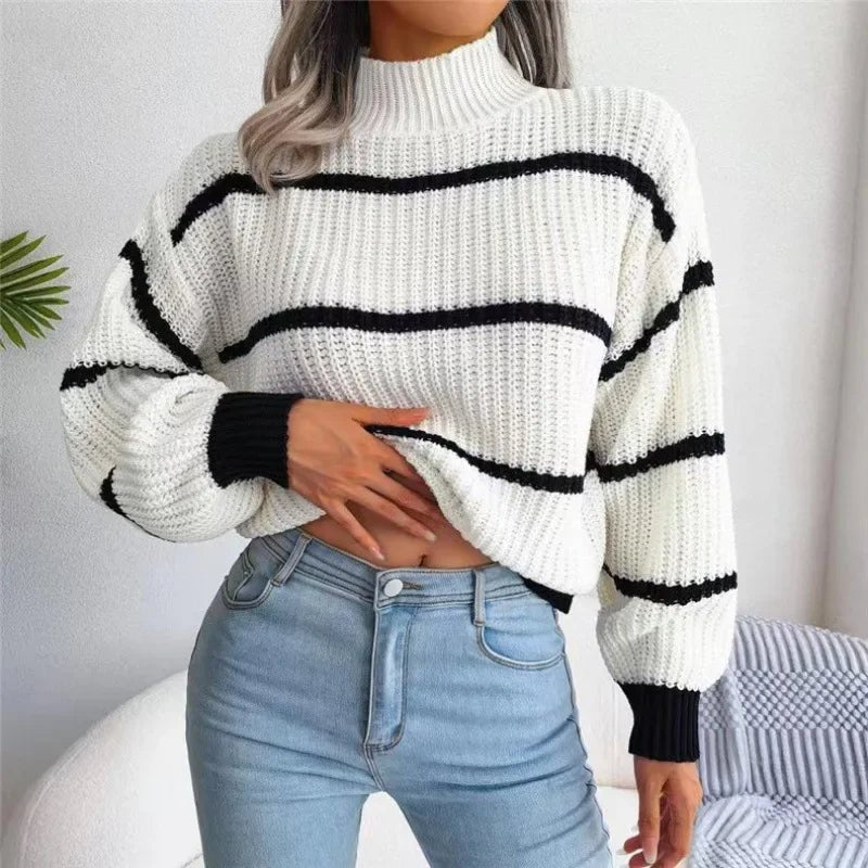 Women Striped Sweaters Half High Collar Splice Full Sleeve Top Pullovers Knit Lantern Sleeve Casual Office Lady Winter 2024 - Namma Angadi