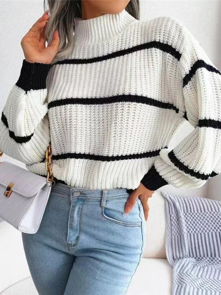 Women Striped Sweaters Half High Collar Splice Full Sleeve Top Pullovers Knit Lantern Sleeve Casual Office Lady Winter 2024 - Namma Angadi