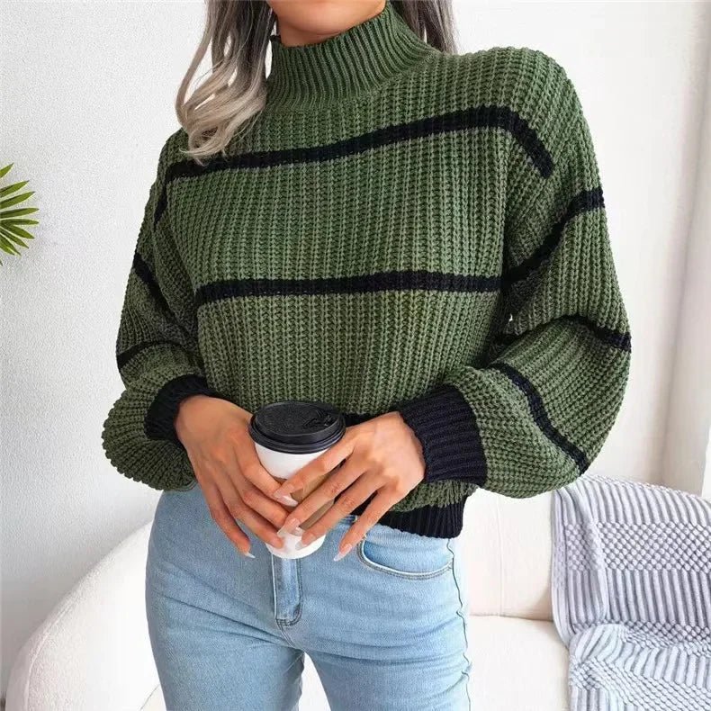 Women Striped Sweaters Half High Collar Splice Full Sleeve Top Pullovers Knit Lantern Sleeve Casual Office Lady Winter 2024 - Namma Angadi