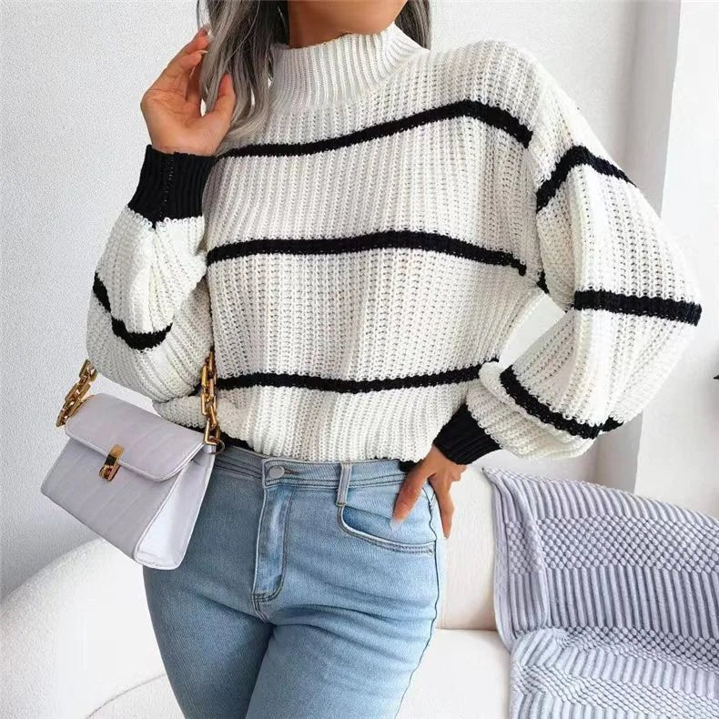 Women Striped Sweaters Half High Collar Splice Full Sleeve Top Pullovers Knit Lantern Sleeve Casual Office Lady Winter 2024 - Namma Angadi