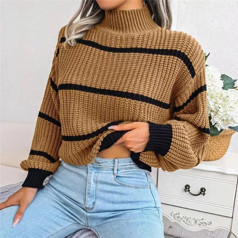 Women Striped Sweaters Half High Collar Splice Full Sleeve Top Pullovers Knit Lantern Sleeve Casual Office Lady Winter 2024 - Namma Angadi