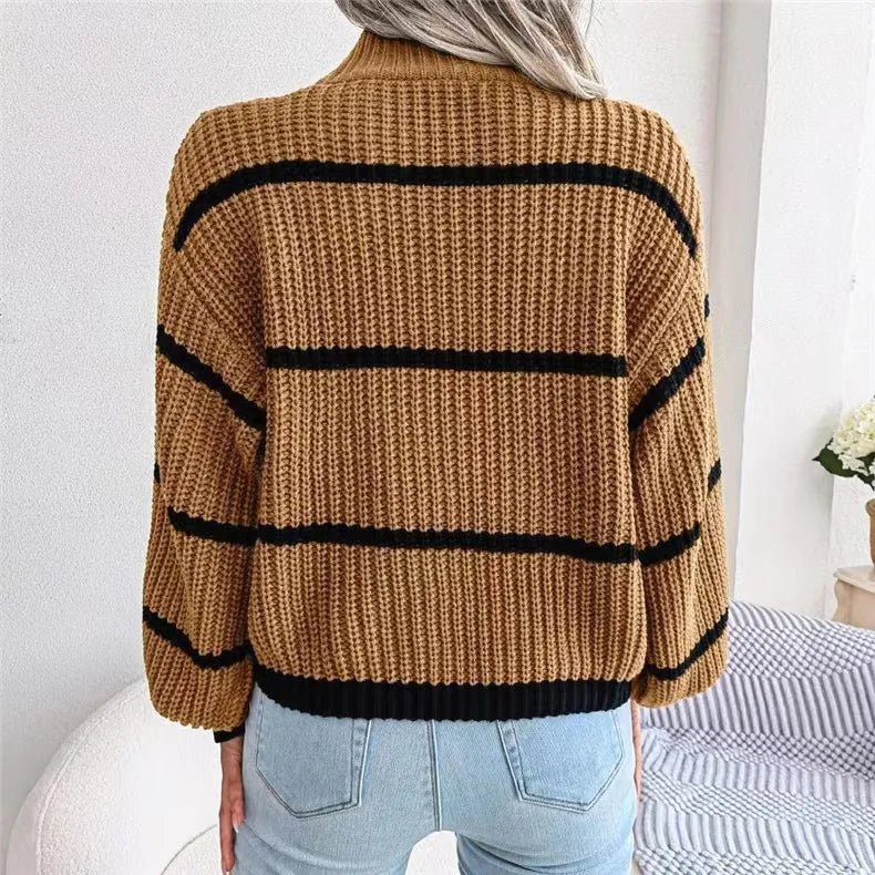Women Striped Sweaters Half High Collar Splice Full Sleeve Top Pullovers Knit Lantern Sleeve Casual Office Lady Winter 2024 - Namma Angadi