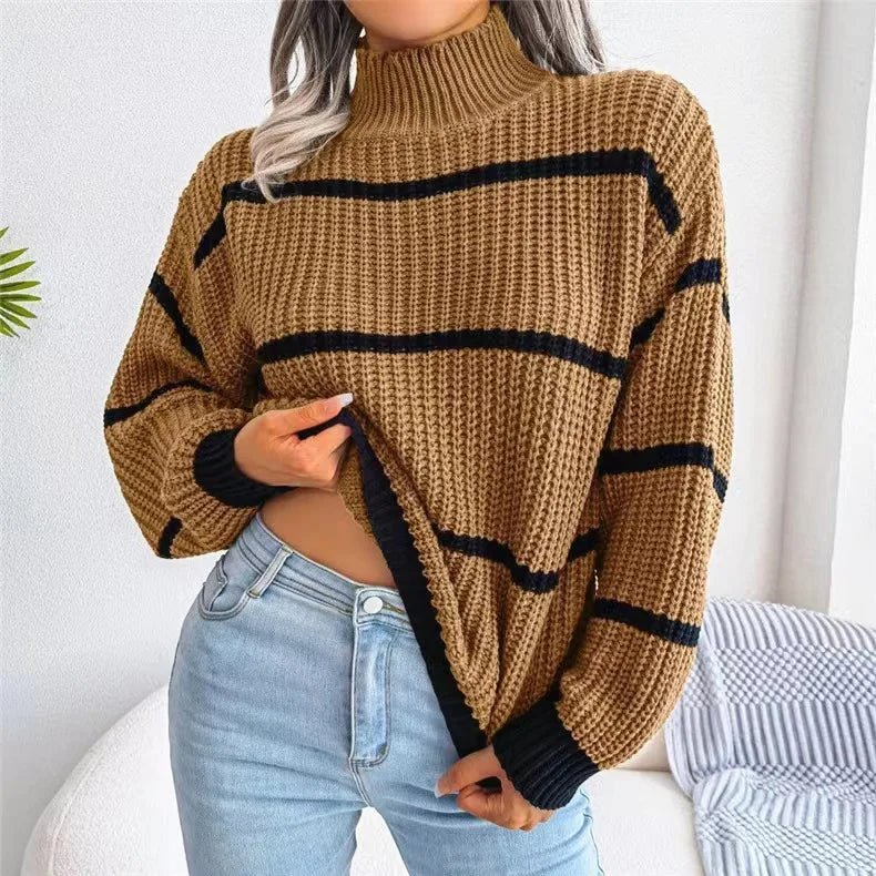 Women Striped Sweaters Half High Collar Splice Full Sleeve Top Pullovers Knit Lantern Sleeve Casual Office Lady Winter 2024 - Namma Angadi