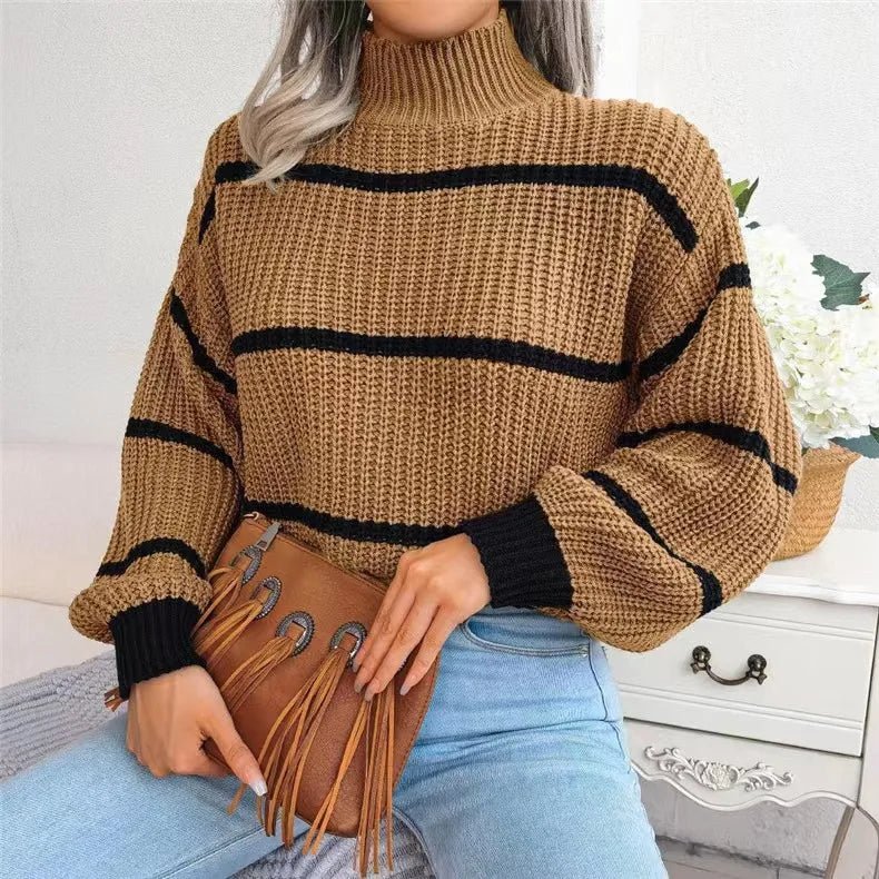 Women Striped Sweaters Half High Collar Splice Full Sleeve Top Pullovers Knit Lantern Sleeve Casual Office Lady Winter 2024 - Namma Angadi
