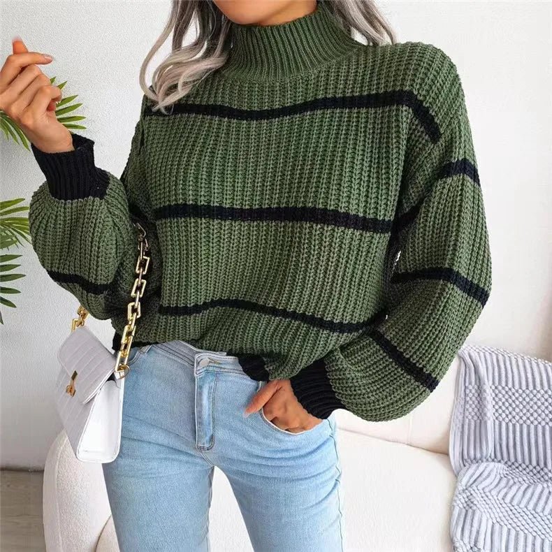 Women Striped Sweaters Half High Collar Splice Full Sleeve Top Pullovers Knit Lantern Sleeve Casual Office Lady Winter 2024 - Namma Angadi