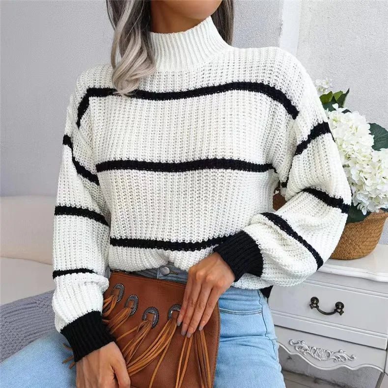 Women Striped Sweaters Half High Collar Splice Full Sleeve Top Pullovers Knit Lantern Sleeve Casual Office Lady Winter 2024 - Namma Angadi