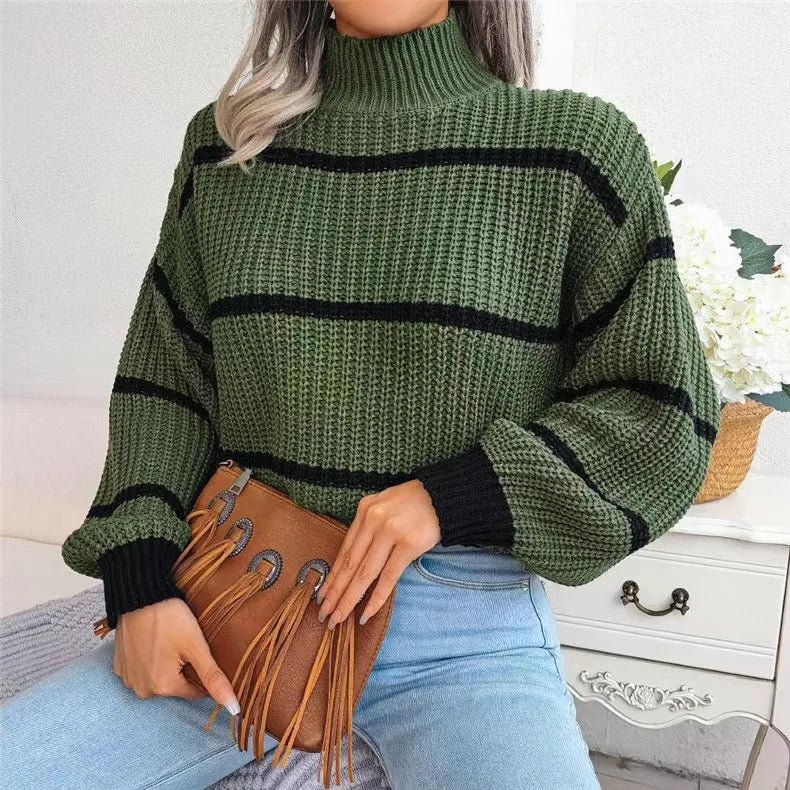 Women Striped Sweaters Half High Collar Splice Full Sleeve Top Pullovers Knit Lantern Sleeve Casual Office Lady Winter 2024 - Namma Angadi