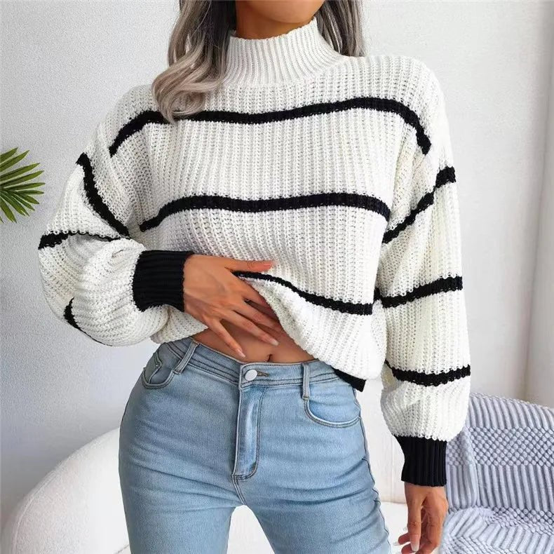 Women Striped Sweaters Half High Collar Splice Full Sleeve Top Pullovers Knit Lantern Sleeve Casual Office Lady Winter 2024 - Namma Angadi