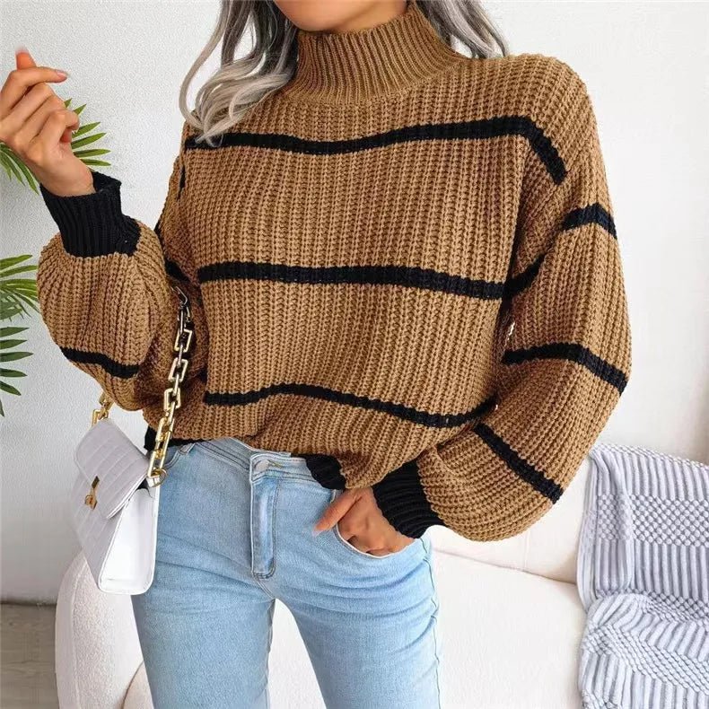 Women Striped Sweaters Half High Collar Splice Full Sleeve Top Pullovers Knit Lantern Sleeve Casual Office Lady Winter 2024 - Namma Angadi