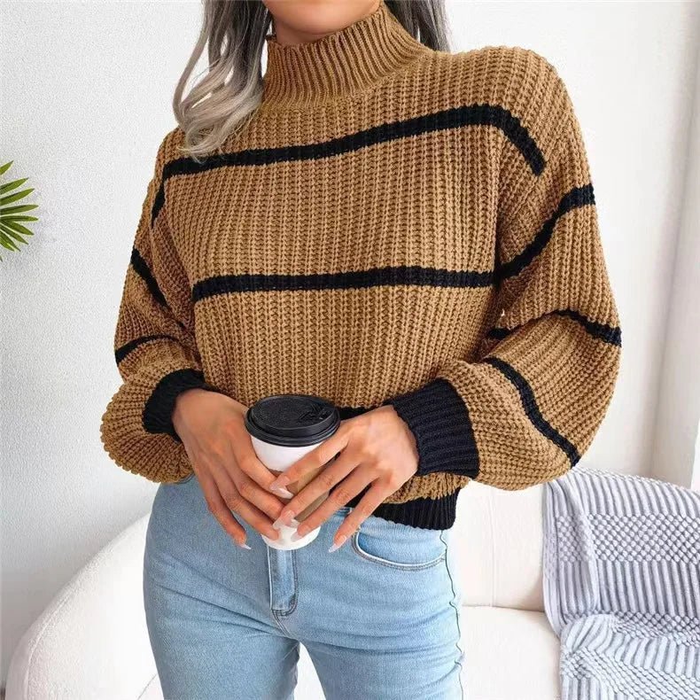 Women Striped Sweaters Half High Collar Splice Full Sleeve Top Pullovers Knit Lantern Sleeve Casual Office Lady Winter 2024 - Namma Angadi