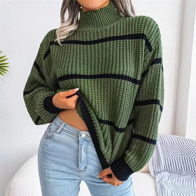 Women Striped Sweaters Half High Collar Splice Full Sleeve Top Pullovers Knit Lantern Sleeve Casual Office Lady Winter 2024 - Namma Angadi