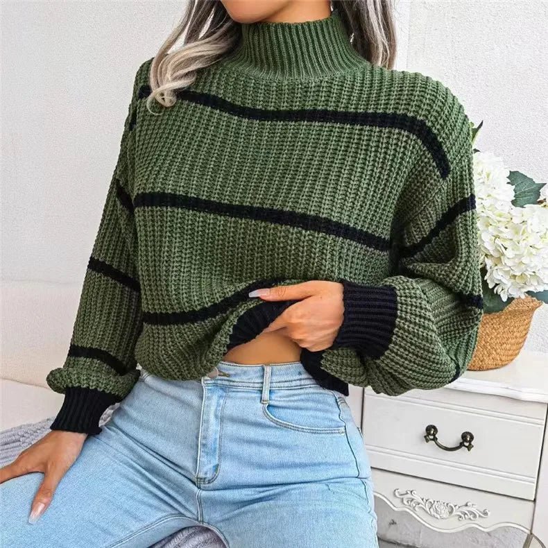 Women Striped Sweaters Half High Collar Splice Full Sleeve Top Pullovers Knit Lantern Sleeve Casual Office Lady Winter 2024 - Namma Angadi