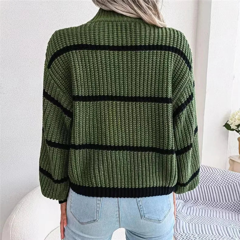 Women Striped Sweaters Half High Collar Splice Full Sleeve Top Pullovers Knit Lantern Sleeve Casual Office Lady Winter 2024 - Namma Angadi
