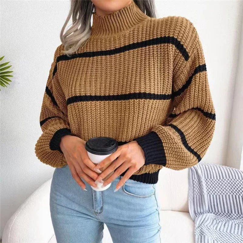 Women Striped Sweaters Half High Collar Splice Full Sleeve Top Pullovers Knit Lantern Sleeve Casual Office Lady Winter 2024 - Namma Angadi