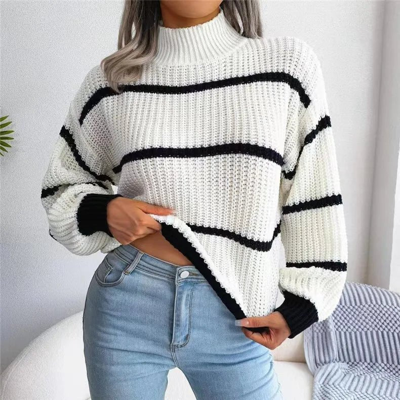 Women Striped Sweaters Half High Collar Splice Full Sleeve Top Pullovers Knit Lantern Sleeve Casual Office Lady Winter 2024 - Namma Angadi