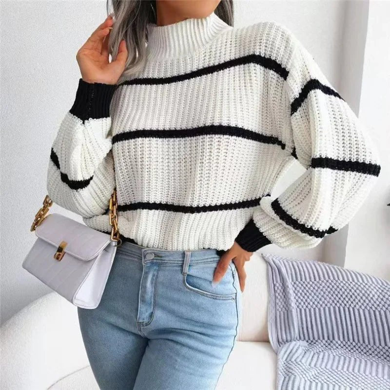 Women Striped Sweaters Half High Collar Splice Full Sleeve Top Pullovers Knit Lantern Sleeve Casual Office Lady Winter 2024 - Namma Angadi