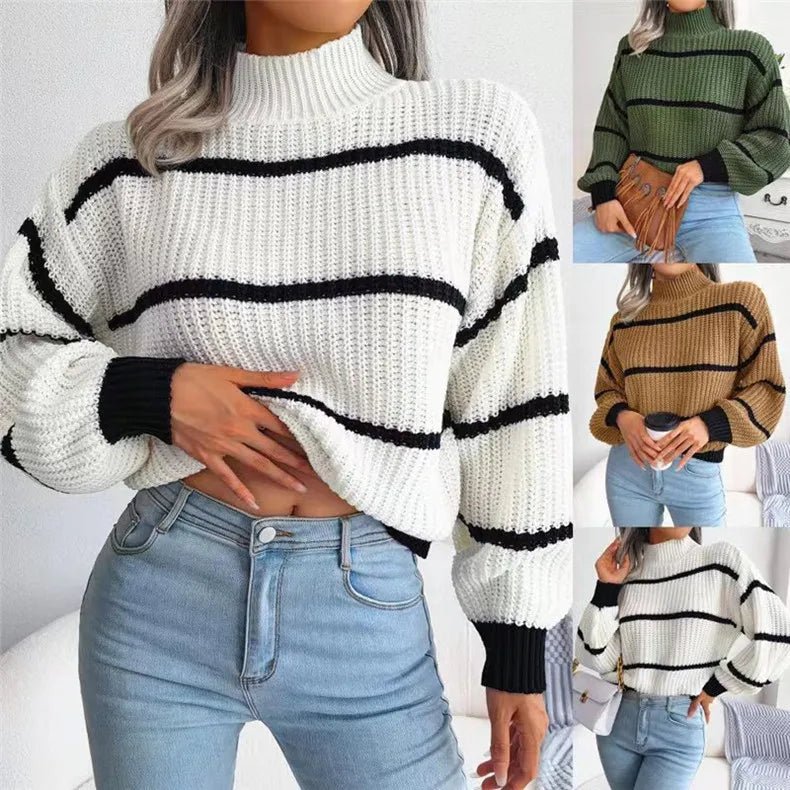 Women Striped Sweaters Half High Collar Splice Full Sleeve Top Pullovers Knit Lantern Sleeve Casual Office Lady Winter 2024 - Namma Angadi