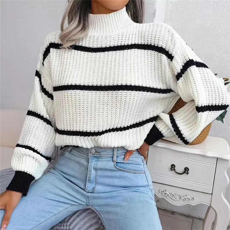 Women Striped Sweaters Half High Collar Splice Full Sleeve Top Pullovers Knit Lantern Sleeve Casual Office Lady Winter 2024 - Namma Angadi