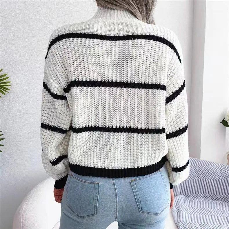 Women Striped Sweaters Half High Collar Splice Full Sleeve Top Pullovers Knit Lantern Sleeve Casual Office Lady Winter 2024 - Namma Angadi